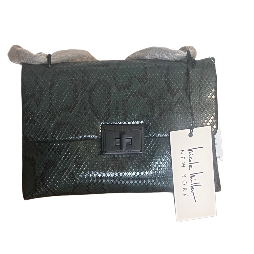 Nicole Miller Snakeskin Pattern Green and Black Crossbody Chain Purse NWT